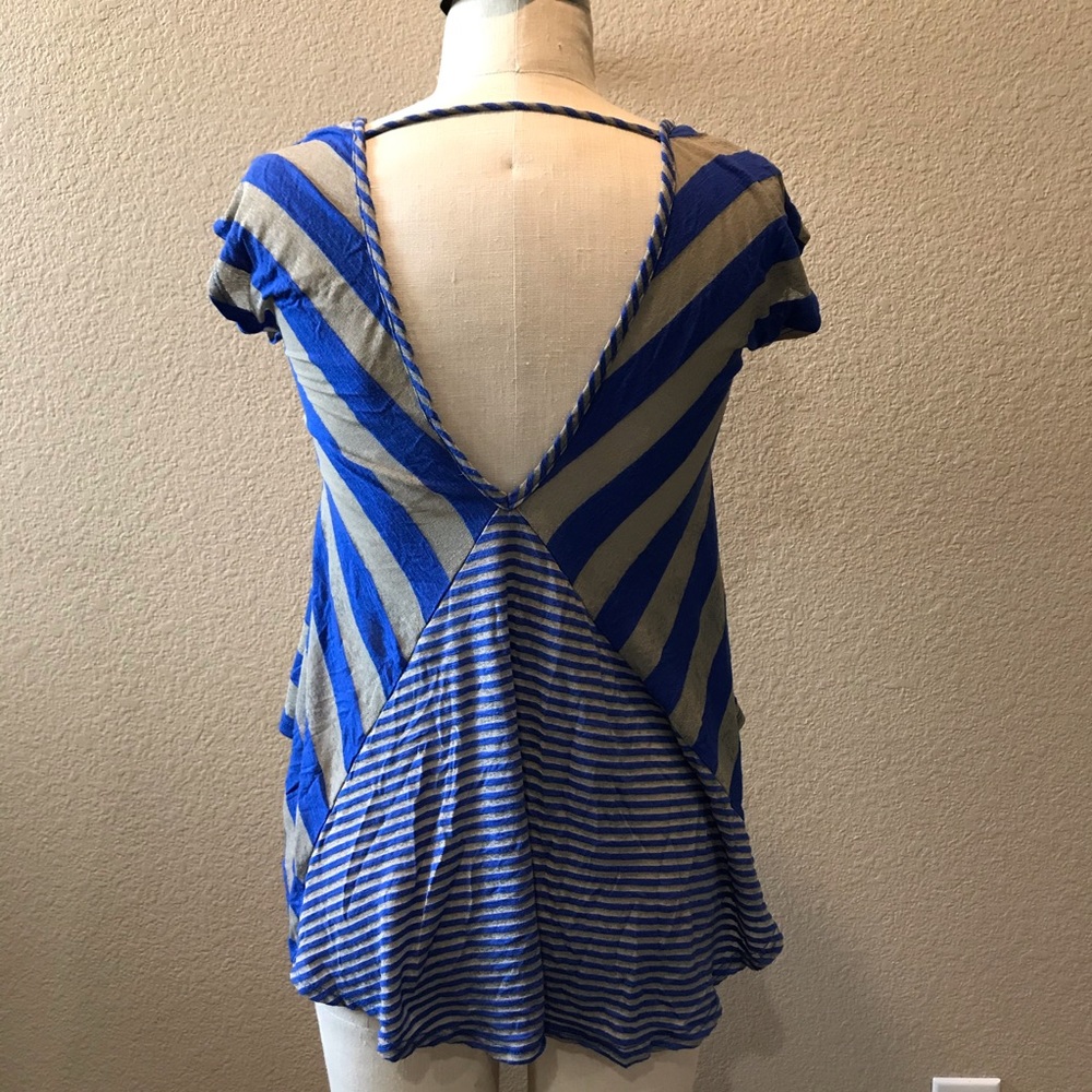 S Grey and blue striped t-shirt with back interest